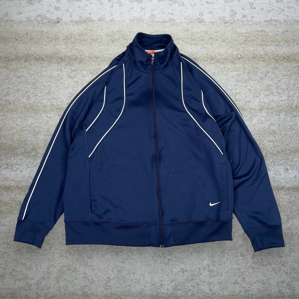 Vintage Y2K Nike Track Jacket Mens XL Navy Blue Polyester White Swoosh Full Zip